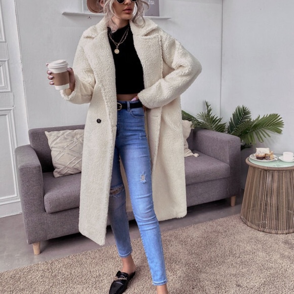 Cream wide collar teddy button trench Coat Jacket Fall - Picture 3 of 3